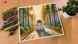 Road Trip Scenery Painting | Oil Pastel Nature Drawing - Step by Step