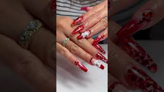 Bold Red Coffin Nails with 3D Flowers | Sparkly Glam Nail Design 2025