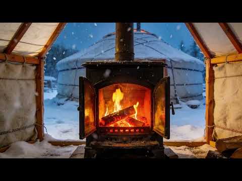 🇲🇳 🔥 Mongolia Nomadic Winter: Cozy Yurt Fireplace (3 Hours of 4K Winter Ambience)