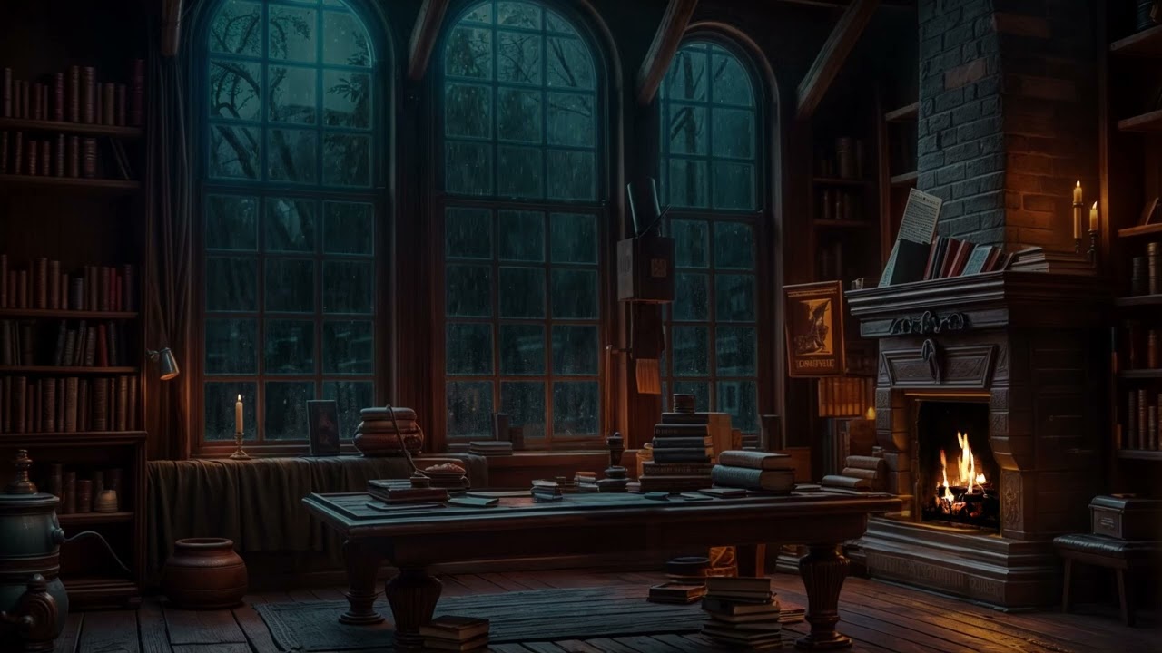 Rainy Night Library Ambience 📚🌧️ Fireplace & Rain Sounds to Calm the Mind and Fall Asleep Naturally