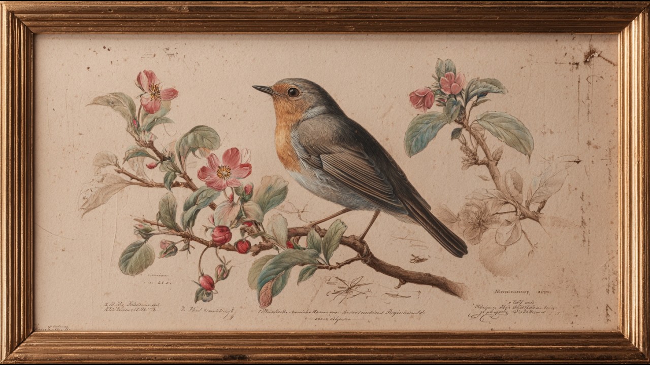 Vintage Robin Bird Illustration | Antique Natural History Framed Art for TV | Screensaver Display
