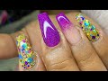 Infinity Gauntlet: Gold/Purple Holographic Builder Gel/Acrylic Hybrid NO LIFTINg Full Set Long Nails