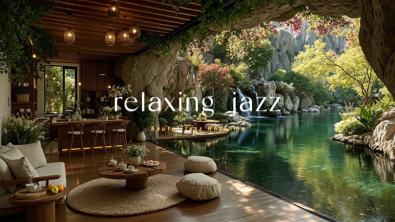 Relaxing Morning Coffee Jazz  with Waterfall Views | Tranquil Jazz for Stress Relief, Work