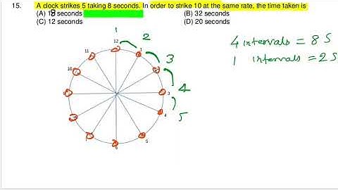 A clock strikes 5 taking 8 seconds. In order to strike 10 at the same rate, the time taken is