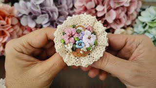 Flowers Basket Embroidery Brooch - Vintage Lace Embroidered Brooch - Ribbon Embroidery Brooch