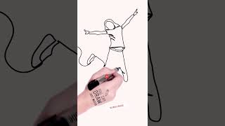 One Line Drawing of Happy Girl  Dancing and Jumping