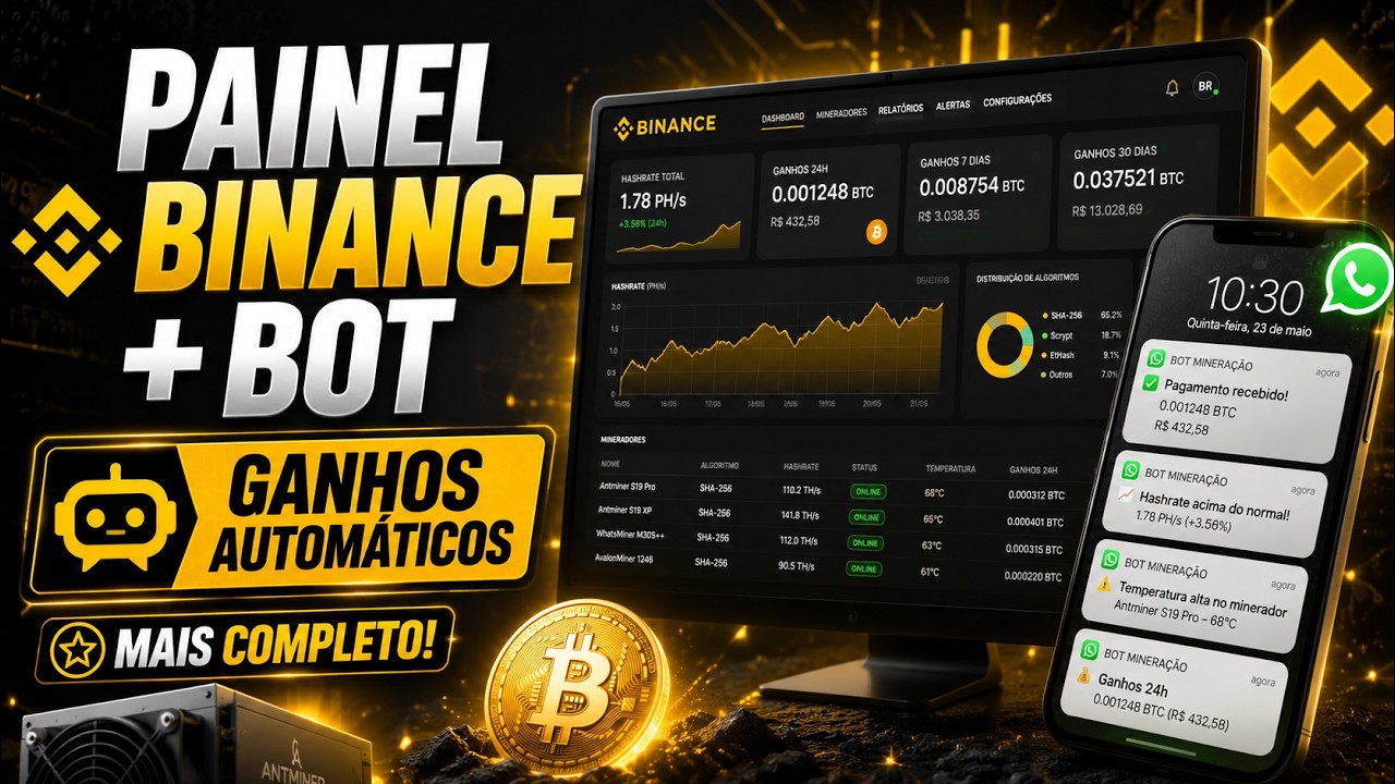 ⚡ Painel Binance Pool Profissional: Ganhos, Hashrate, ASICs e Notificações no WhatsApp