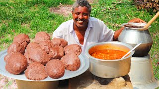 RAGI KALI with MUTTON GRAVY | Traditional Healthy Ragi Kali Recipe | Ragi Mudde Village Food