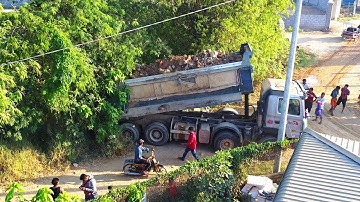 First Start Amazing PROJECT!! LANDFILL Deep Pond In Flooded Area Use CAT D3C Dozer & 25Ton Truck.