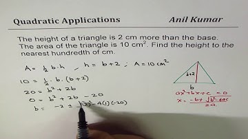 Height is 2 cm more than base of Triangle with area 10 Find Height MVI 0461