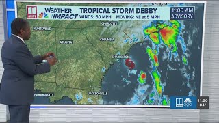 Tropical Storm Debby slowly moving toward the Carolinas, picking up some strength