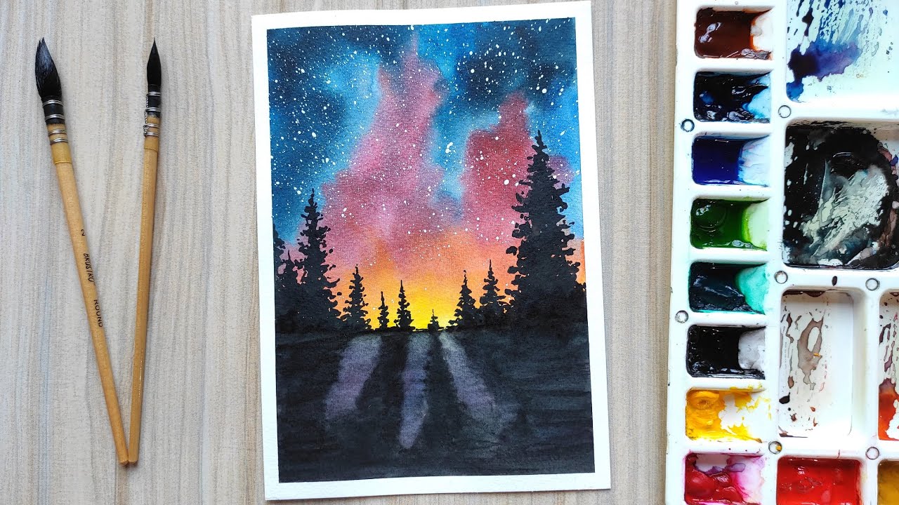 Simple Watercolor Galaxy Forest Painting Tutorial for Beginners Step by Step - Draw with David