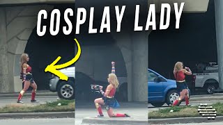 Driver Filming a Lady Wearing a Cosplay and Trying to Copy the Character’s Moves