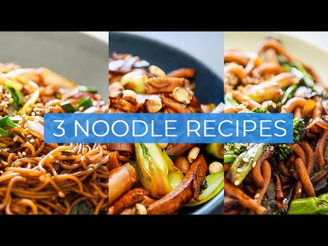 Udon noodle stir fry with broccolini and shimeji mushrooms, from the video