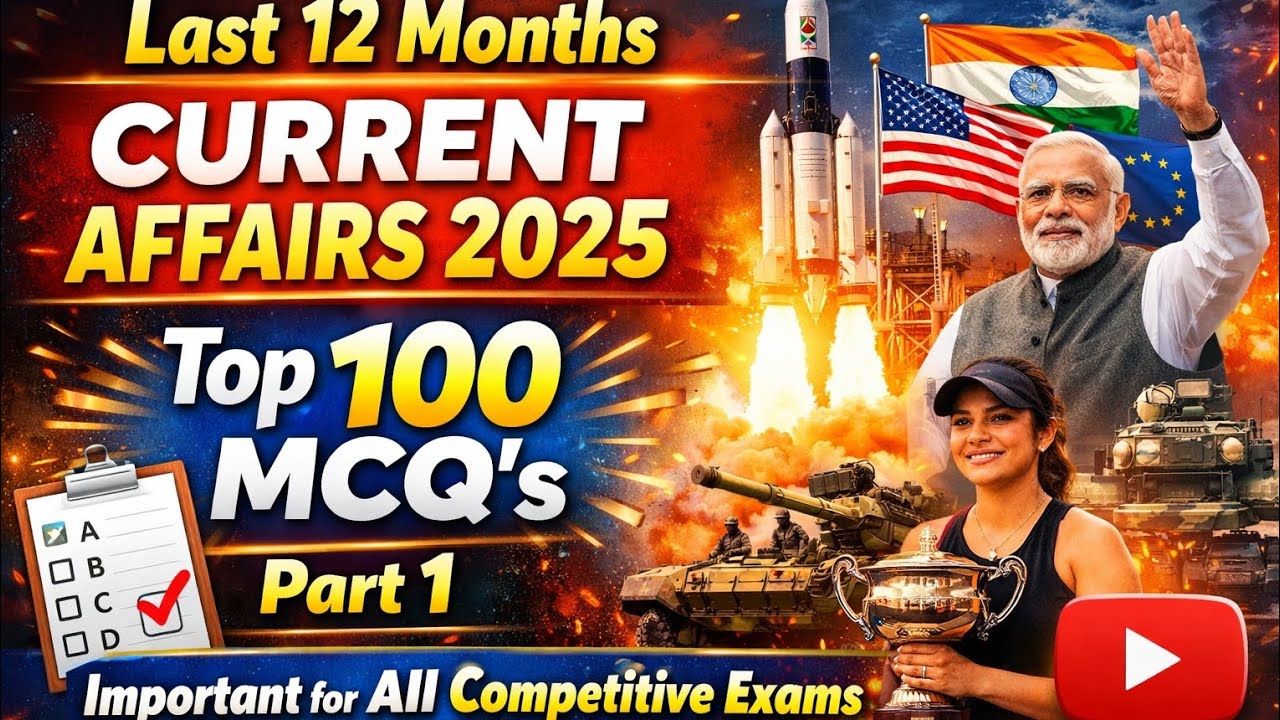 Last 12 Months Current Affairs 2025 | Top 100 MCQ's part 1 | Important ...