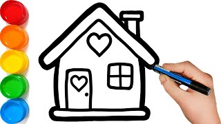 House with hearts coloring and drawing for Kids - How to Draw Simple House
