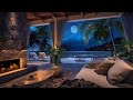 Ocean front villa  night ambience  calm beach waves  crackling fire sound crickets conversation