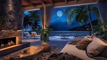 Ocean Front Villa | Night Ambience | Calm Beach Waves & Crackling Fire Sound, Crickets Conversation