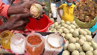 This Man Sells Extremely Healthy Tastets Masala Bel Wood Apple! Extreme Sharp Knife Skills! #BdFood