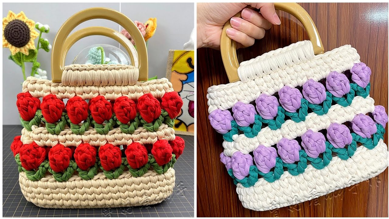 💥Очень простая сумка в виде тюльпанов, связанная крючком🌷 💥⚡Простая и замечательная схема вязания...