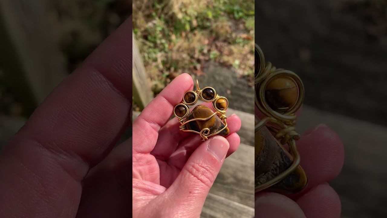 Tiger&rsquo;s Eye Paw Print Pendant Gold Wire Wrap Handmade Pet Lover Jewelry Gift