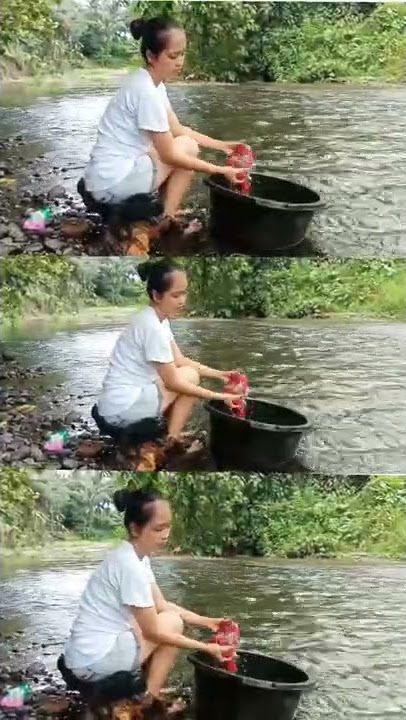 pesona gadis desa mencuci pakaian di sungai. #shorts