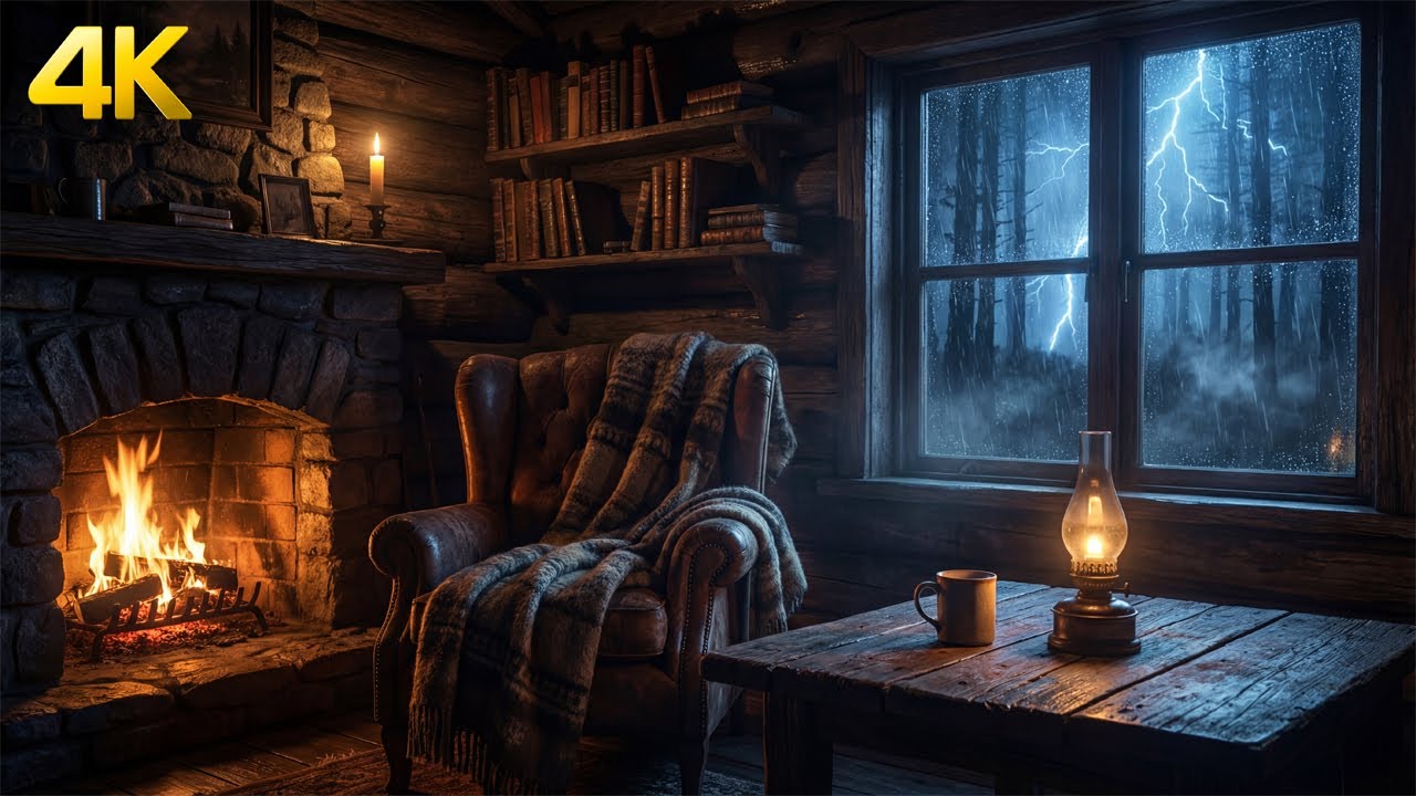 Cozy Cabin Fireplace & Rain Sounds – Relax, Sleep, Study  Thunderstorm Ambience 15 Minutes