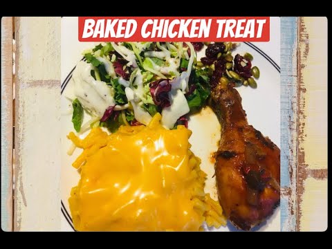 Baked chicken with macaroni and cheese casserole.