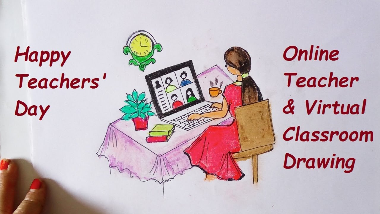 How to draw online teacher teaching | Virtual classroom drawing on ...