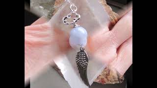 Silver Angel Wing Blue Lace Agate Cloud Pendant Necklace