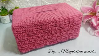 Crochet Tissue Box Cover ( basket weave Stitch) ~ Toturial Mengait Sarung kotak tisu