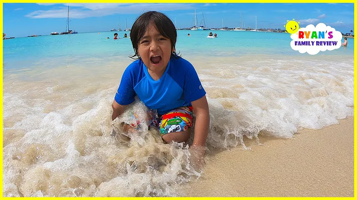 Family Fun Day at the Beach and playing in the san...