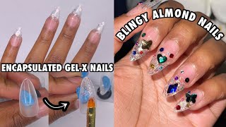 Encapsulated Glitter Ombre Gel X Nails | Full Cover Almond Nails | Blingy Rhinestone | Apres Dupe