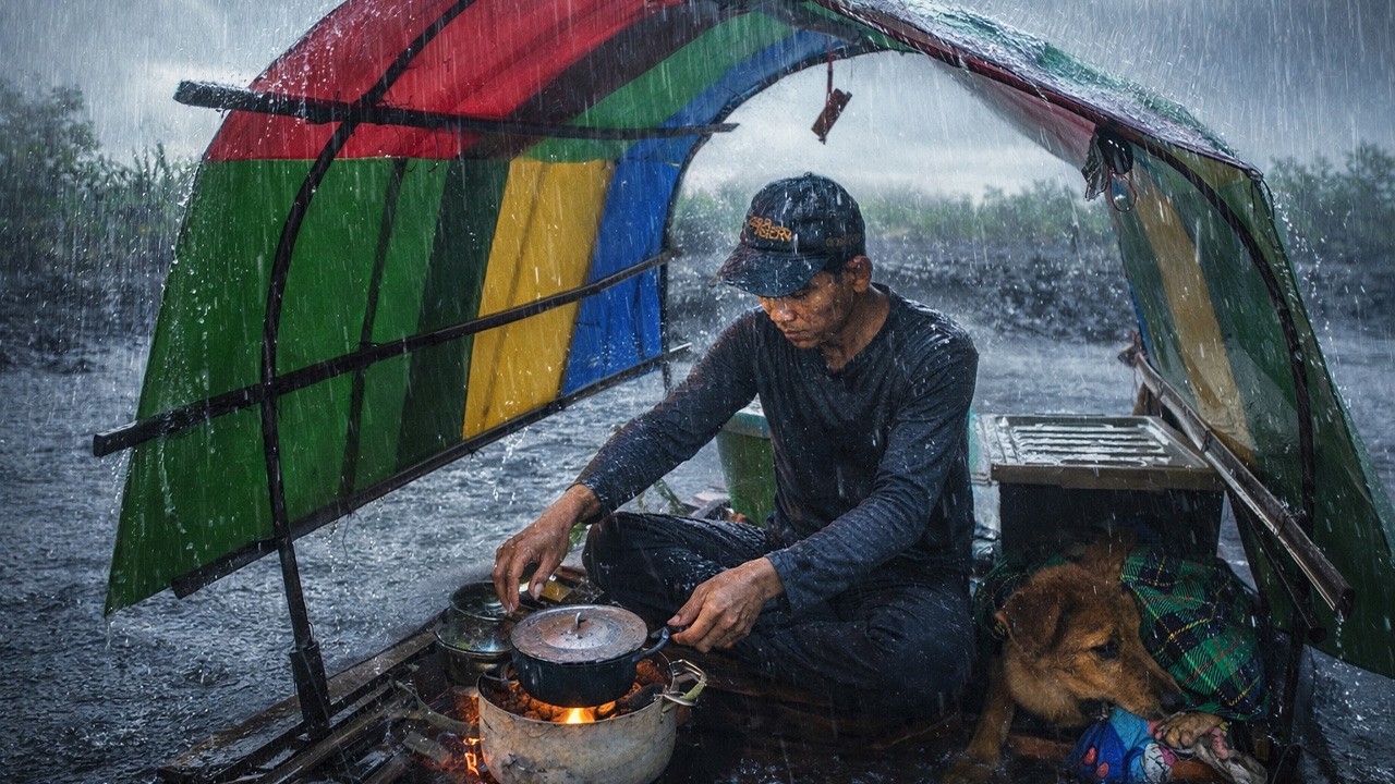 Incredible Heavy Rain and Strong Winds While Camping by the River Survival with My Loyal Dog!