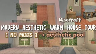 🌱 [ Minecraft ] "modern aesthetic warm" house tour || with aesthetic pool screenshot 3