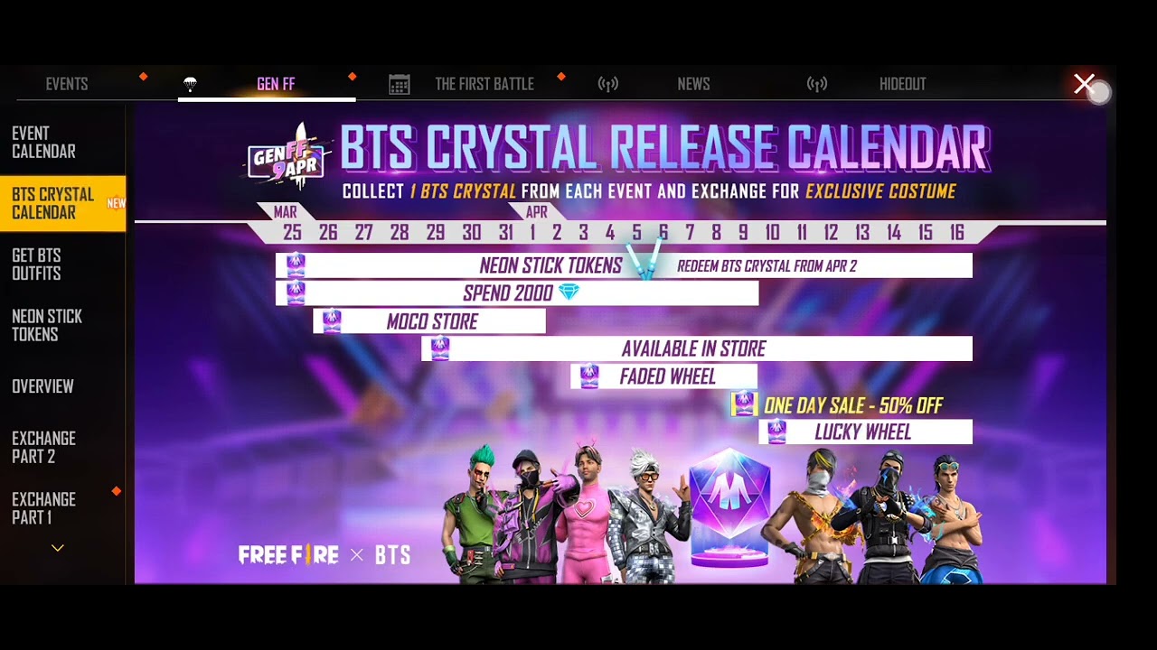 BTS CRYSTAL RELEASE CALENDAR BAUNDLE PURCHASE IN FREE FIRE ARYAN GAMER