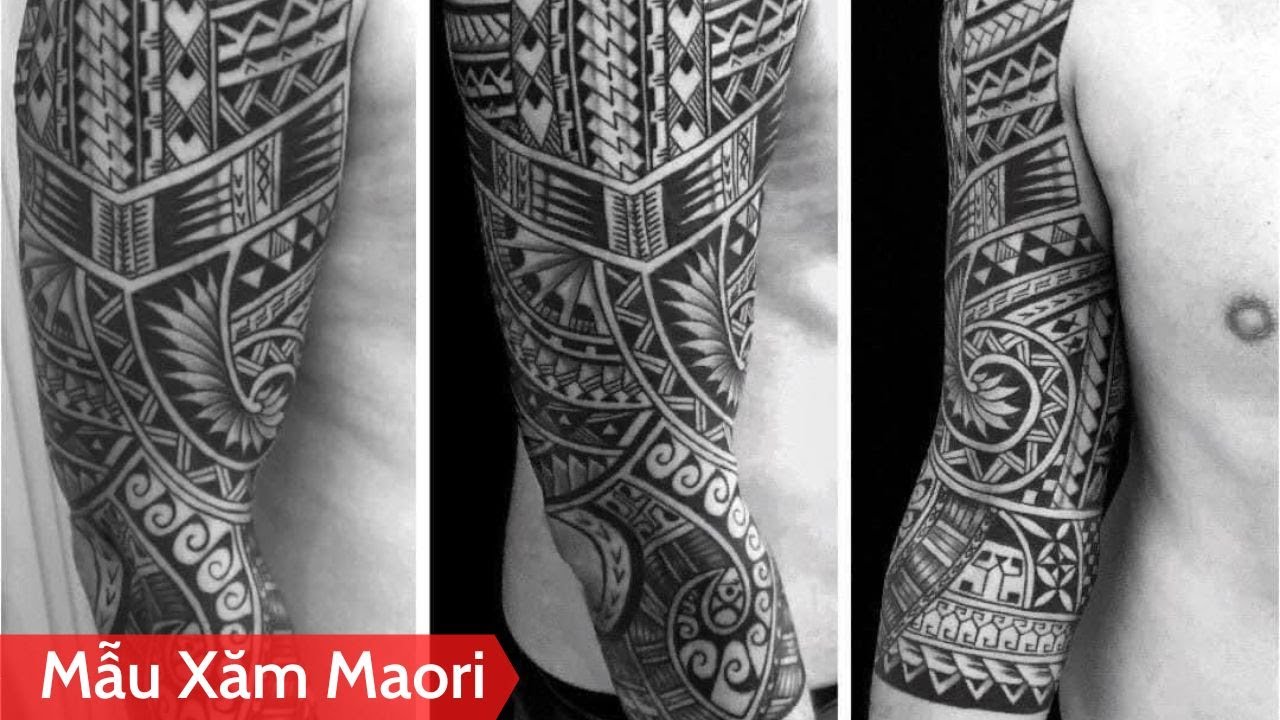 Hình xăm maori ở tay và cánh tay qua một bên ngực đẹp chất