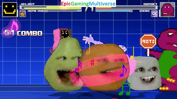 Spider-Man And Barney The Dinosaur VS Jailbot The Security Robot & Annoying Orange In A MUGEN Match