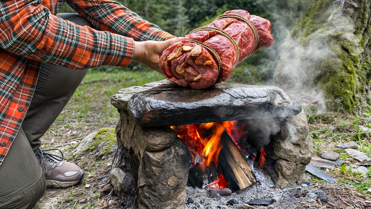 Survival Cooking: Flap Steak Pizza Roll on a Mud Mortar Stone Stove
