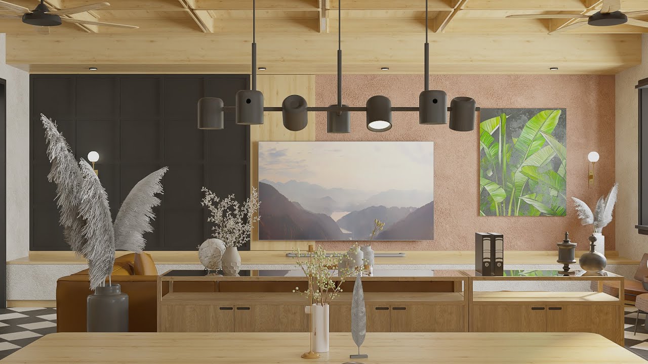 RUSTIC MODERN INTERIOR. OPEN SPACE LIVING ROOM, KITCHEN AND DINDING ROOM. 8X12M