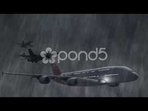 Airbus A380 escorted by F-16 fighter jets in storm and rain