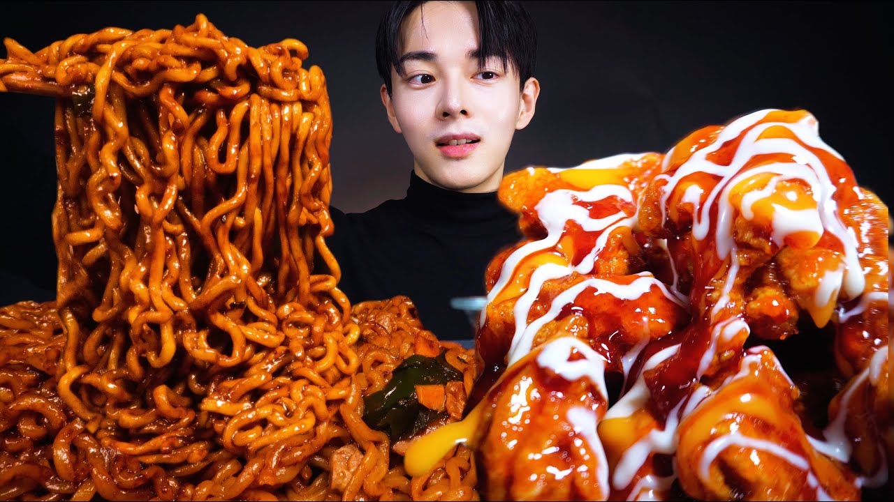 ASMR MUKBANG| 트러플짜파구리 킹트리플 양념치킨 치즈볼 먹방 BLACK BEANNOODLES & FRIED CHICKEN チキン チャジャンラーメン eating sounds