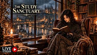 Cozy Study Session LIVE 24/7 - Dark Academia Library with Rain Sounds & Piano for Focus