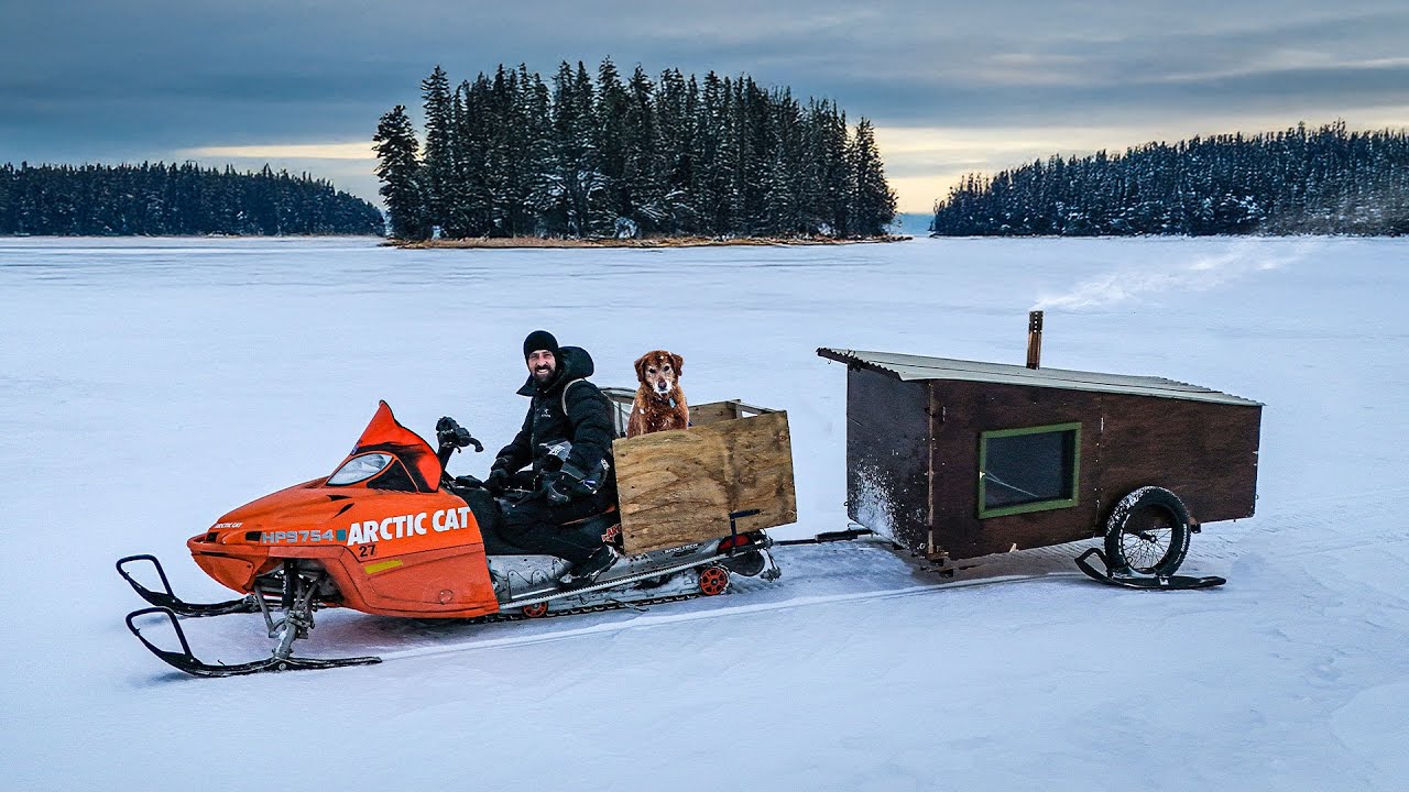 Camping on a FROZEN LAKE in a Snowmobile Cabin w/ my Dog