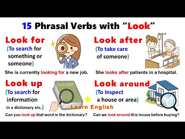 15 Phrasal Verbs with LOOK: Look after, Look at, Look for, Look up, Look forward to, Look out class=