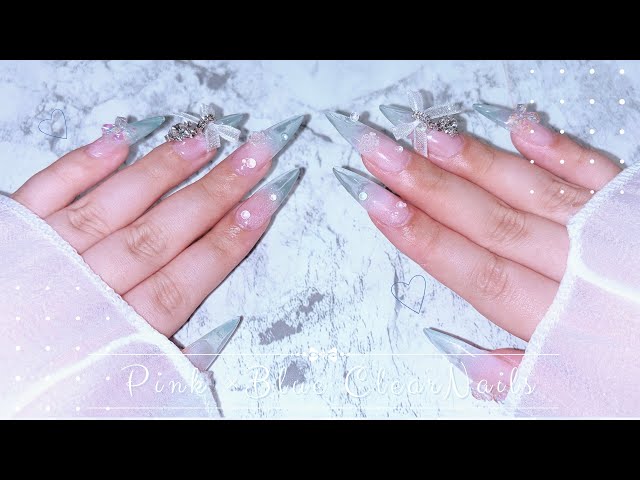 セルフネイル】水色×ピンク🎀🫧 透明感たっぷりなクリアネイル