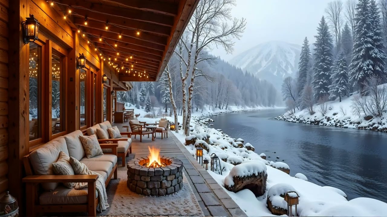 Warm Fireside Cabin Next to a Snowy River | 4K Winter Ambience for Relaxation & Sleep