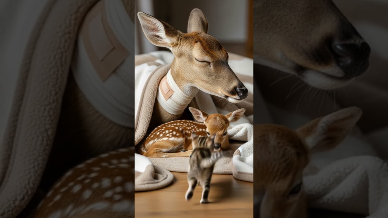 A Kind Kitten Comforts an Injured Deer Family Heartwarming Moment 