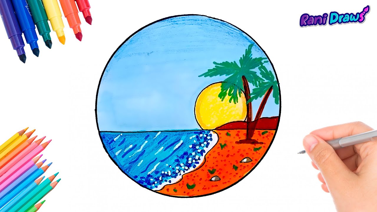 Cómo dibujar un PAISAJE DE PLAYA dibujos de paisajes fáciles