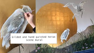 gilded and hand painted heron scene mural